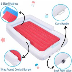 Inflatable Toddler Travel Bed | Toddler Floor Bed | Pink & Red 2 Sided Kids Air Mattress | Pure White Fitted Sheet and Electric Air Pump Bundle Includ