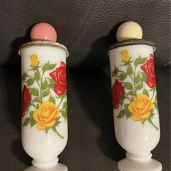 Two Empty Vintage Avon tall and skinny white milk glass pedestal/footed demitasse espresso mug/cup, bud vase, red and yellow roses/floral pattern/desi