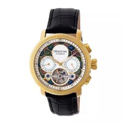 HERITOR Aura 44mm Gold/White Stainless Steel Case Black Leather Semi-Skeleton