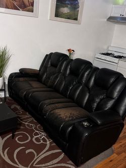 Black Leather Reclining Sofa with Cup Holders