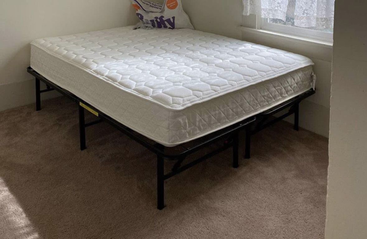 Queen metal frame plus full mattress - great condition, clean and ready for new home - OBO