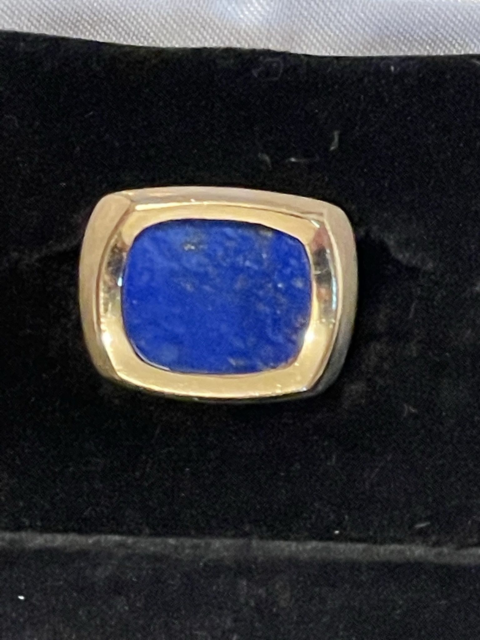 14K Yellow Gold Lapis Lazuli Mens Funky Vintage Mid Century Ring. 