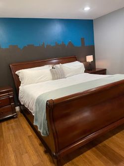 King Bed + Vintage French Provincial Set — Dresser, Nightstands, Storage Bench & Topper