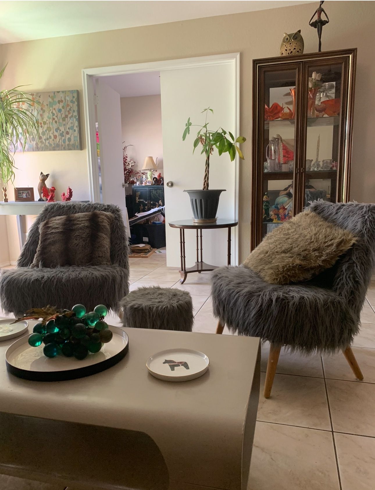 2 Furry Gray Chairs With Footstool $100 For Set