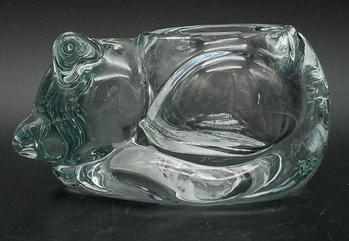 INDIANA GLASS CLEAR GLASS SLEEPING CAT Candle Or Succulent Holder. Heavy Crystal. Adorable
