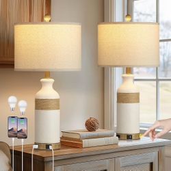 Boho Rattan Table Lamps for Bedroom Nightstand 26" Farmhouse Bedside lamp Set of 2 with USB C+A Ports & AC Outlet,3-Way Dimmable Touch Control Vintage