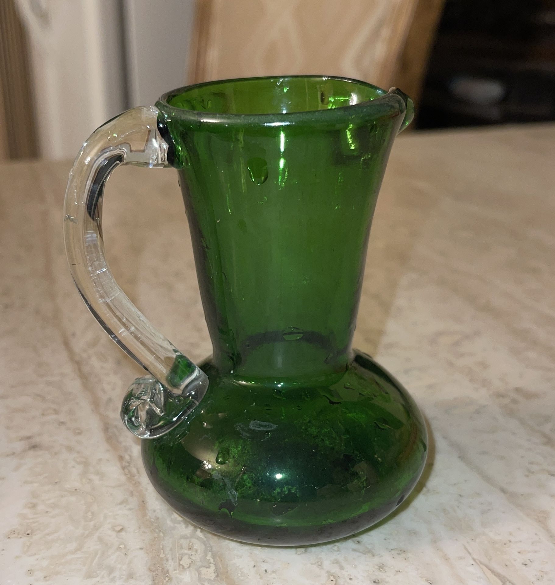 Vintage Hand Blown Pilgrim Glass Small Emerald Green Pitcher/Vase Clear Handle -