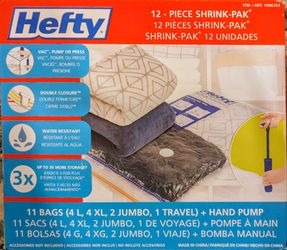 NEW Hefty 12-Piece Shrink-Pak Vacuum Storage Bags Combo Set (With Pump)