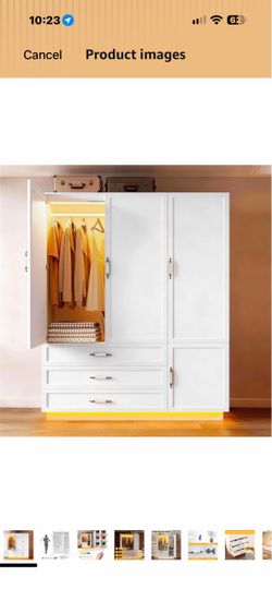 72" Wooden Armoire Wardrobe Closet with 3 Door Bedroom Armoire with LED Light 3 Drawers Large Modern Wardrobe Cabinet with Retro Ceramic Door Handles