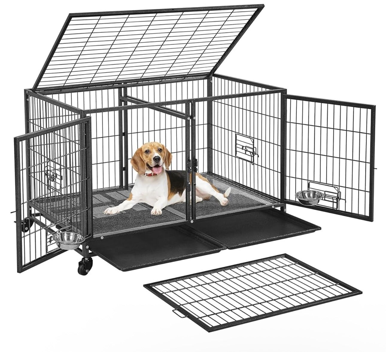 Stackable Dog Crate with Divider 43" Rolling Heavy Duty Dog Cage with Open Top/ 2 Removable Trays for Small/Medium Dog