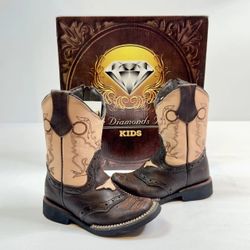 Kids Western Cowboy Boots Square Toe Zipper Brown Beige Embroidered