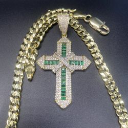 14K Stamped Gold Emerald Diamond Cross Chain 24IN *Stamp+Vid Included*