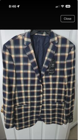 Navy,green, tan, and brown checkered blazer.