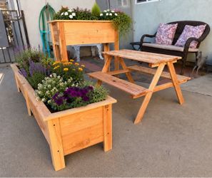Raised planters and toddler benches