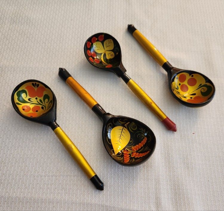 Vintage Russian Folk Art Hand Painted Wooden Spoons