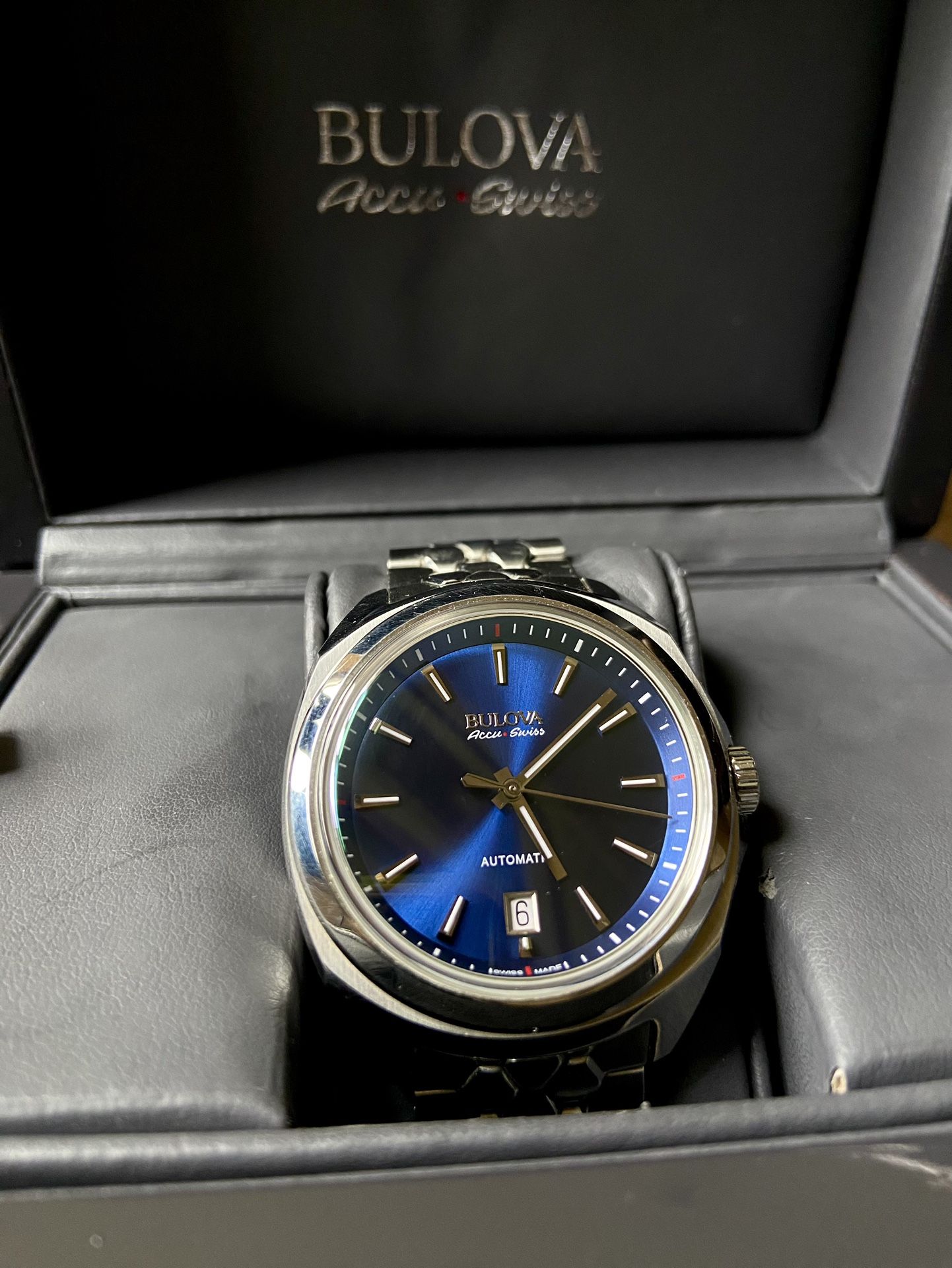 Bulova Accu Swiss Telc Automatic Watch – Blue Dial (Model 63B186, Box Included)