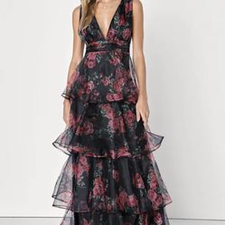 Garden Radiance Black Floral Print Organza Tiered Maxi Dress