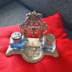 Vintage Heavy Brass Double Inkwell
