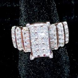 Solid Sterling / Moissanite Rounds & Crystal Baguette Cut Statement Ring Size 6- 6.5