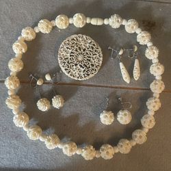Vintage 20” Hand Carved Bone Necklaces, 3-pair Earrings & Brooch
