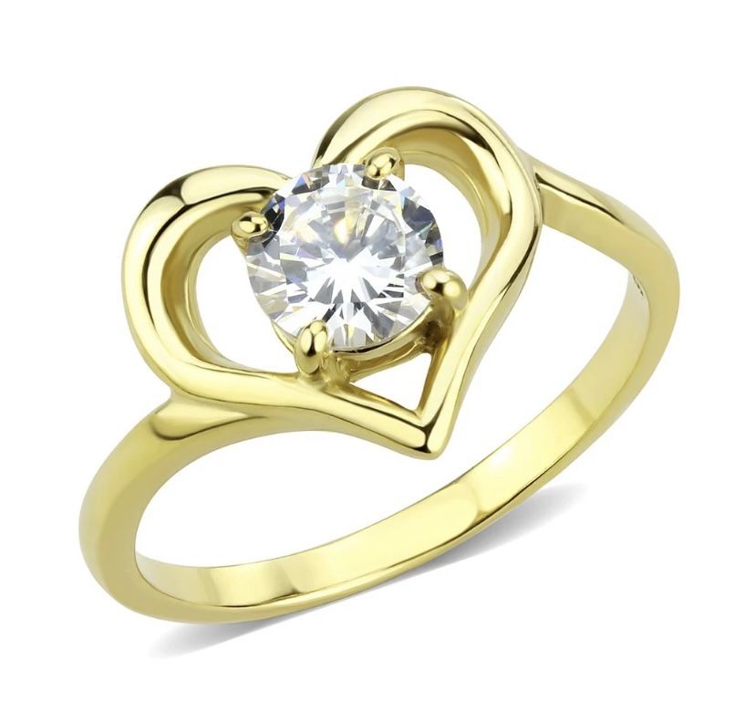 Gold Heart Stainless Steel Base AAA Solitaire CZ Engagement Ring TK3628 Size 8