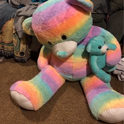 Huge Rainbow  Pastel Stuffed Animal With Baby Bear