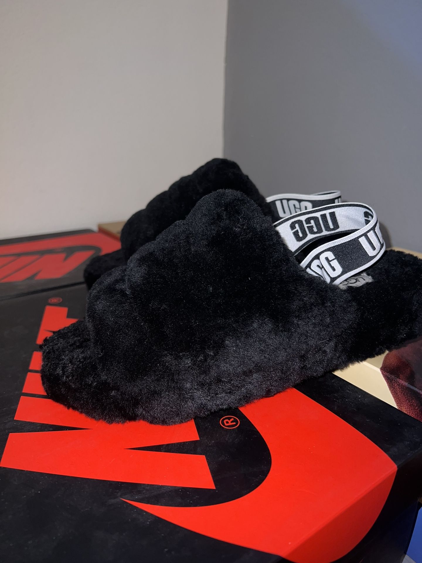 UGG Black Fluffy Slippers