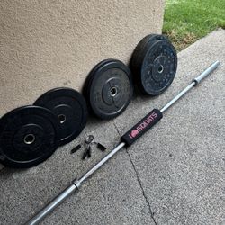 Bumper Weights With 7 Ft Barbell 2x45, 2x15 And 2x10 Lbs With Clips 