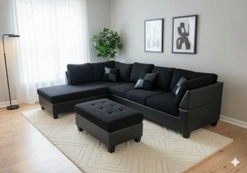 Black Microfiber Sectional W Chase and Ottoman