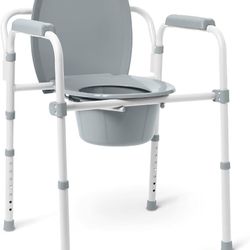 Medline 3-in-1 Steel Bedside Commode, Elongated Seat, Sturdy Folding Frame, 7.5 QT. Bucket, 350 lb. Weight Capacity, Clip-on Seat, Easy Cleaning