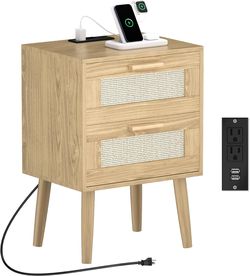 Nightstand with Charging Station,Rattan Night Stand with Solid Wood Legs, Bedside Table with USB Ports & Outlets Bed Side Table,End Table for Bedroom,