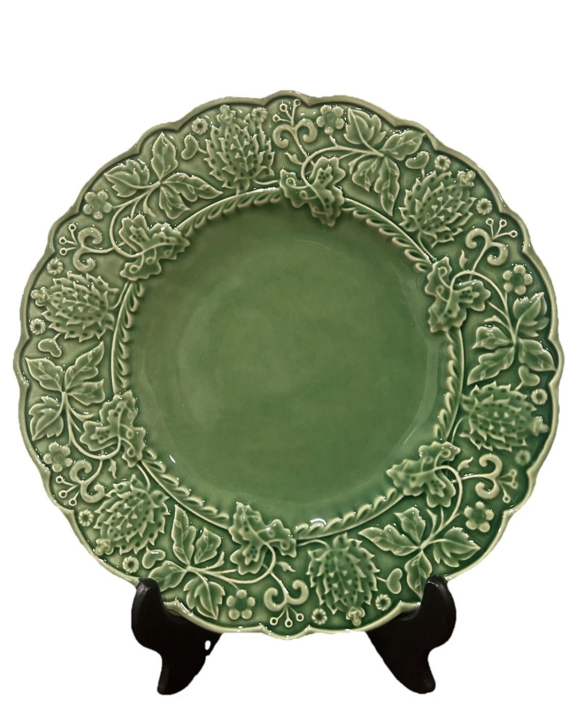 Bordallo Pinheiro Dinner Plate Dish Green Vine Flower Leaf Majolica 4 Lot Set