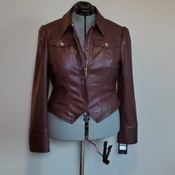 (NWT!) BCBG (L) Brown Faux Leather Moto Jacket | Tailored Fit, Zipper + Button Front