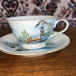 Kutani China Porcelain Mt Fuji Tea Cup/Saucer Set!