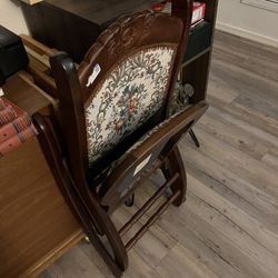 Antique Folding Victorian Style Wooden Rocking Chair Floral Tapestry. 31" Tall