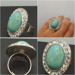 Gorgeous Vintage Turquoise, Crystal Ring, adjustable, Cocktail antique Ring.
