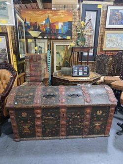 Large Antique Hand-Painted Dome Top Trunk Rustic Chest