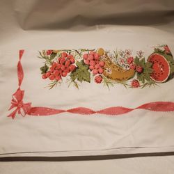 Vintage Tablecloth Pink Red Green Fruit Bow 52 x 42 Strawberry Cherry Melon