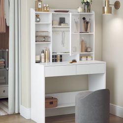 Vanity Desk with Mirror and Lights, for Bedroom,Includes Padded Stool, Easy to Assemble, Storage Drawers,Adjustable LED Light with Lighting Modes