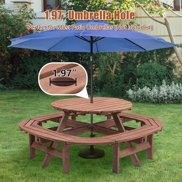 NEW70 in. Walnut Brown Round Wood Picnic Table for 10-12 People with Umbrella Hole