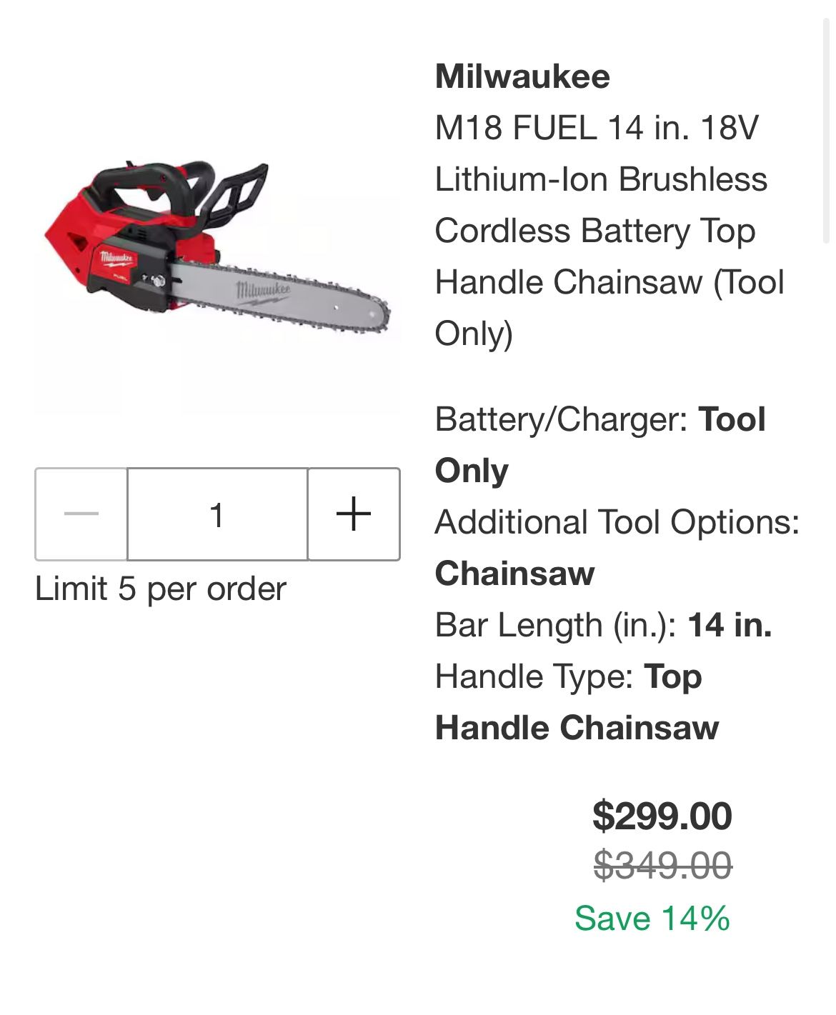 MILWAUKEEM18 FUEL 14 in. 18V Lithium-Ion Brushless Cordless Battery Top Handle Chainsaw (Tool Only)