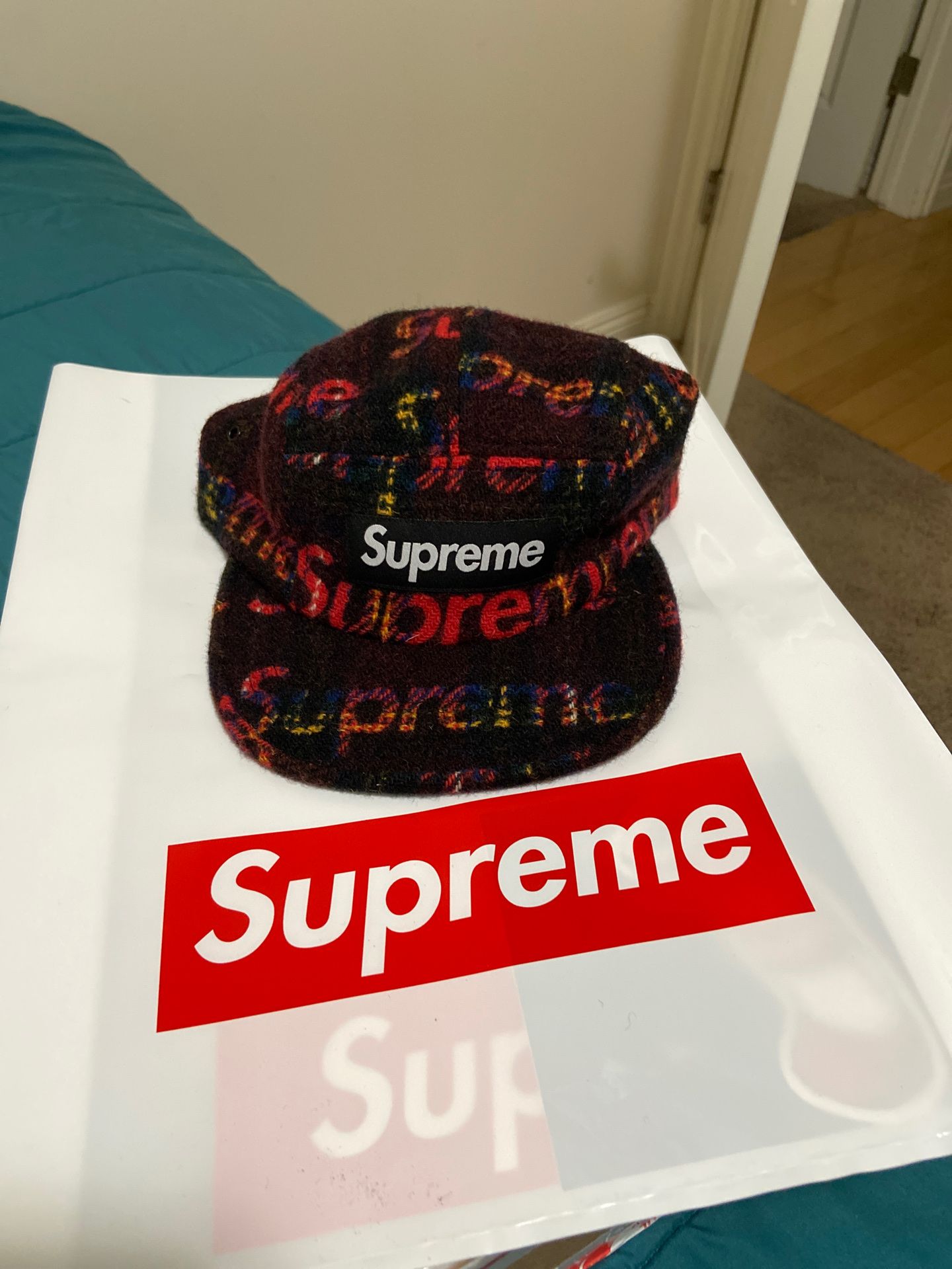Supreme Harris Tweed Camp Cap Black/Red Plaid FW18