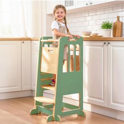 Toddler Tower - Anti-Tip Natural Wood Learning Stool Helper for Kids 18M-6Y, 150lb Capacity Kitchen Stool with 3-Height Adjustable Platform and Slidin