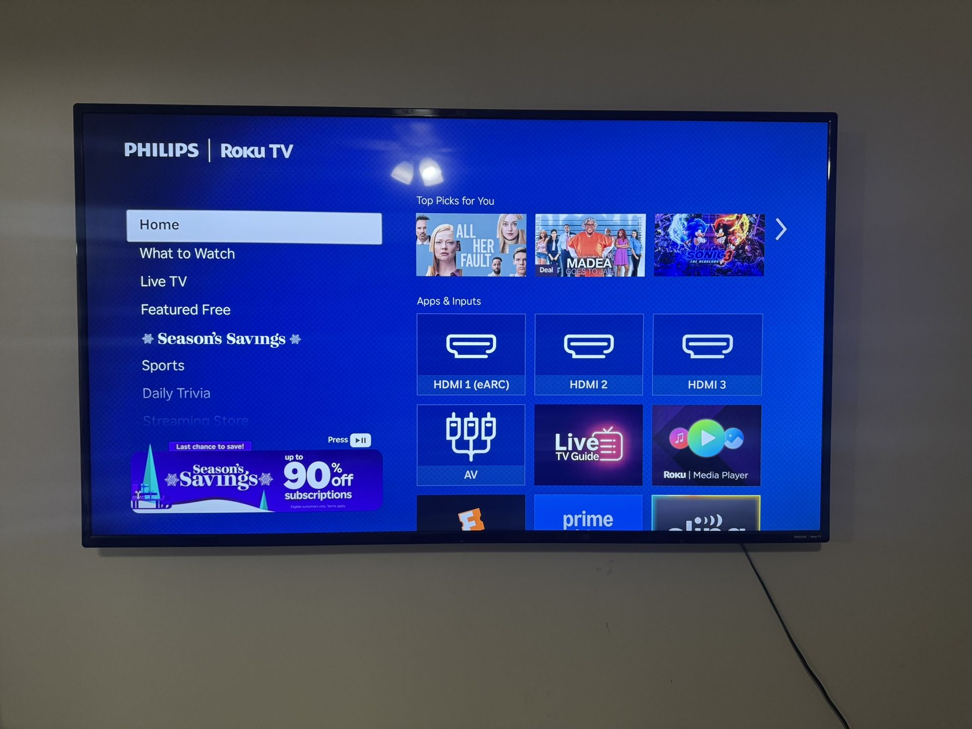 65” Philips Roku Smart TV + Wall Mount – $300!