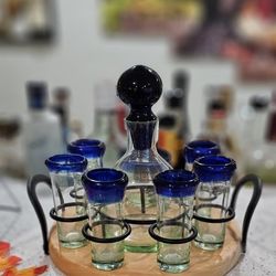 Blue Tequila Decanter And Shot Glasses