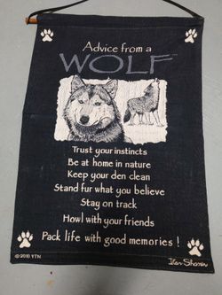 Wolf Hanging Fabric Wall Sign Banner, Rustic Vertical Black/White/Gray