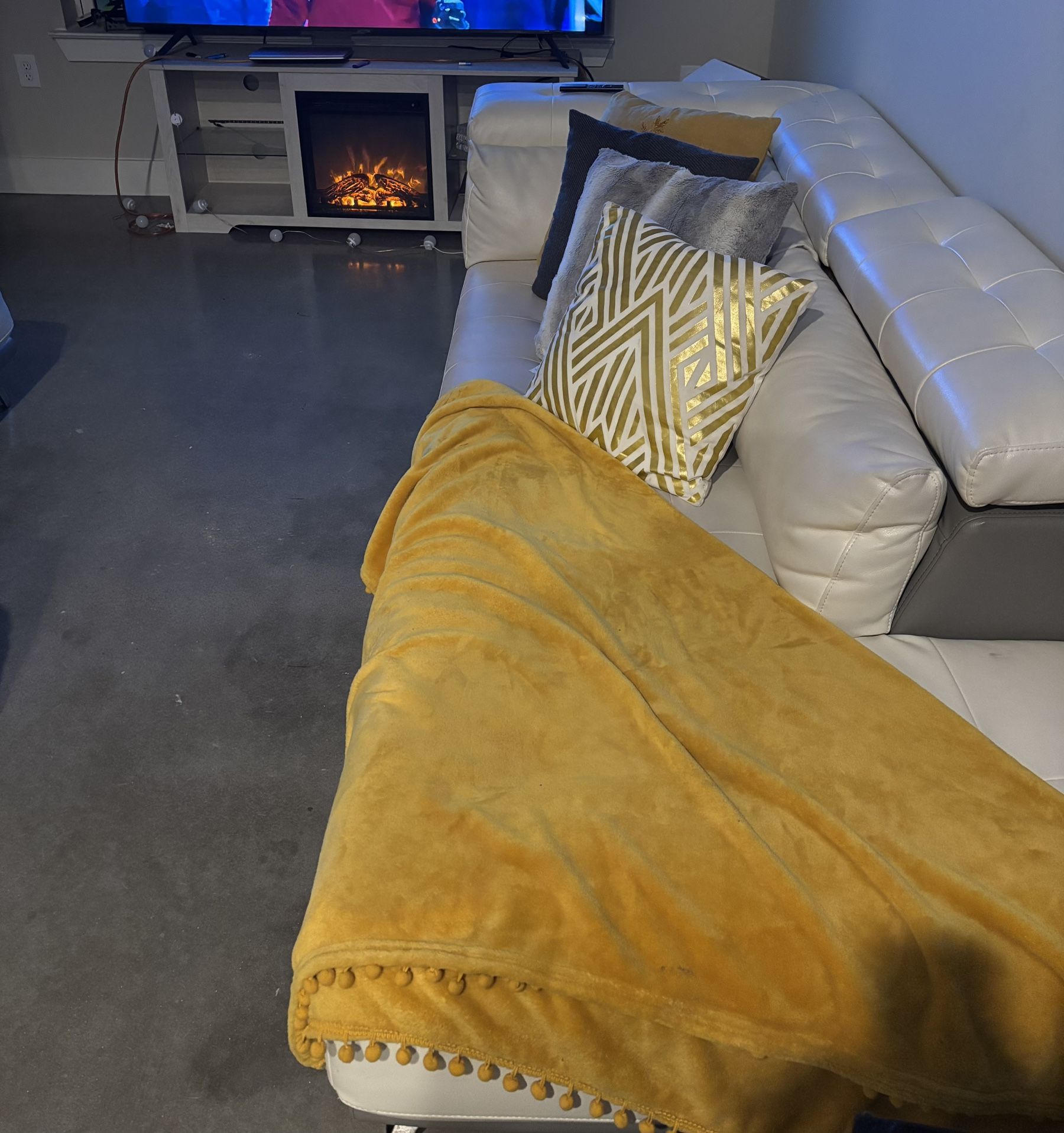 Used Off-white Leather Sectional /with Heating Fire Place