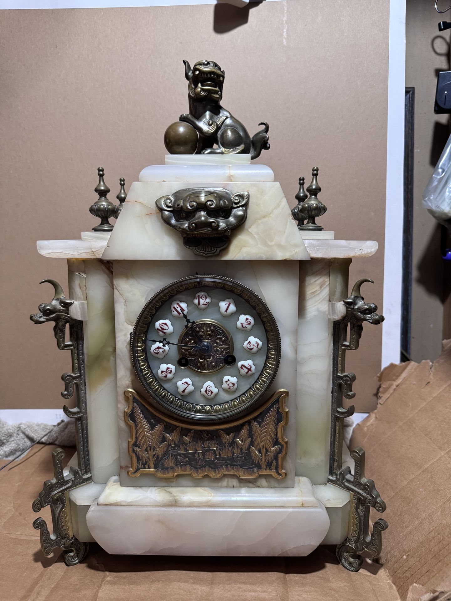 Antique Onyx & Bronze Mantel Clock – French Alabaster Timepiece