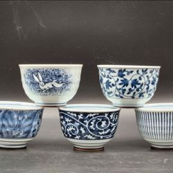 Blue White Transferware Fine Porcelain Kobachi Bowls - Set of 5