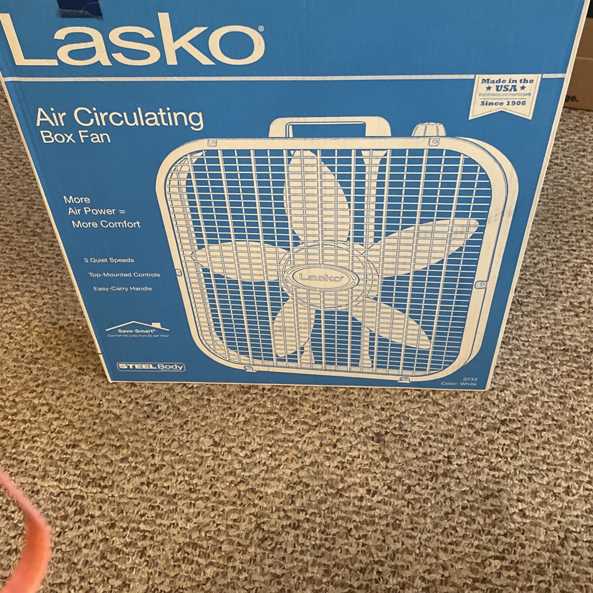 Box Fan …Lasso (3) Speeds, top mounted Controls, easy Carry handle